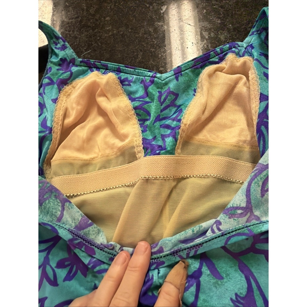 Maxine Of Hollywood Swimsuit One Piece Ruched Slimming Sz 6/8 Blue Floral Modest - Picture 6 of 12